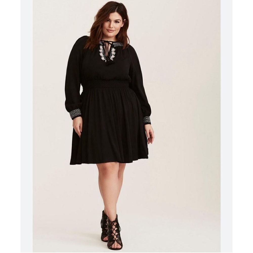 Torrid black smock peasant flowy embroidered skater dress